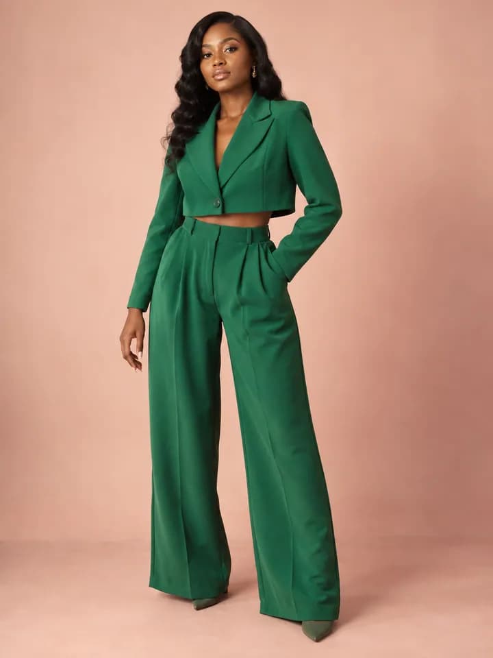 Woman wearing an emerald tailored matching set