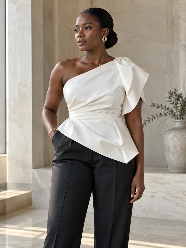 Woman wearing a white one-shoulder blouse