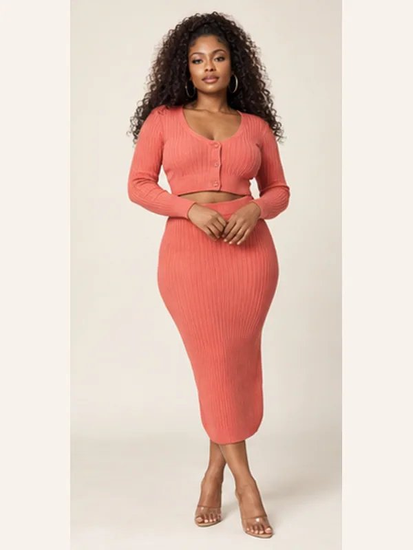 Sika coral knit skirt set, Coral, full view